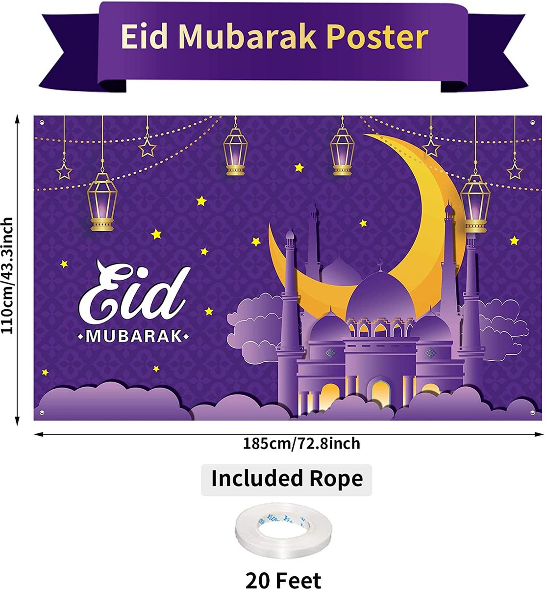 XXL Eid Mubarak Banner 185 x 110 cm | Wasbaar en Herbruikbaar | Achtergrond Muur decoratie Ramadan Paars - Geel | Ramadan decoratie | Versiering Ramadan Mubarak